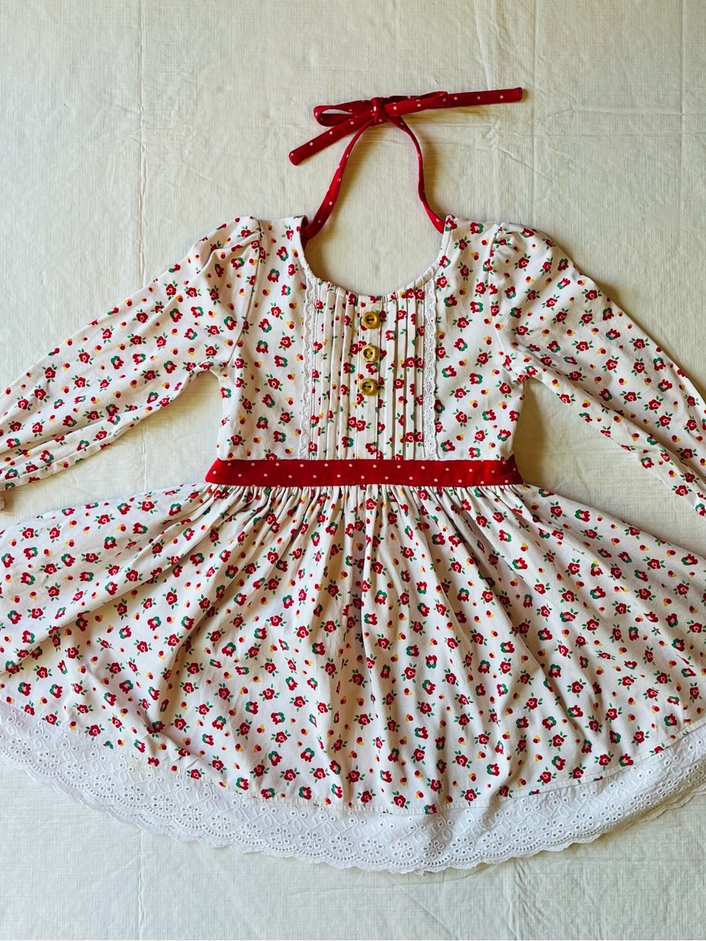 Wildflowers White Dress with Red & yellow Floral, white eyelet lace trim